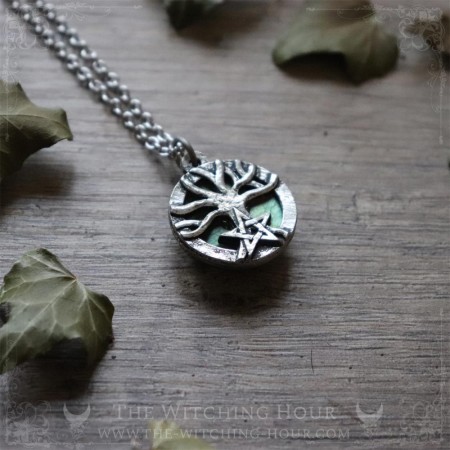 Tree of life necklace with labradorite adorned with a pentagram, handmade pagan jewelry nature inspired