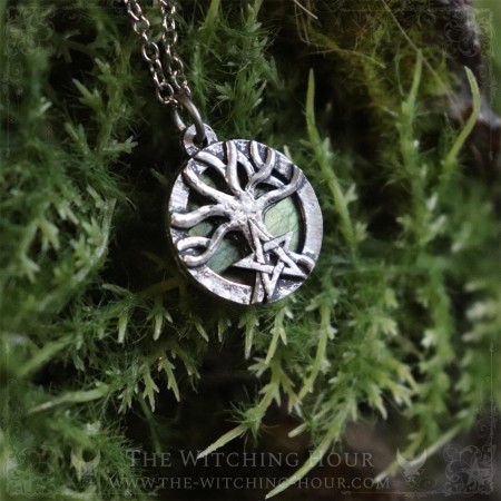 Tree of life necklace with labradorite adorned with a pentagram, handmade pagan jewelry nature inspired