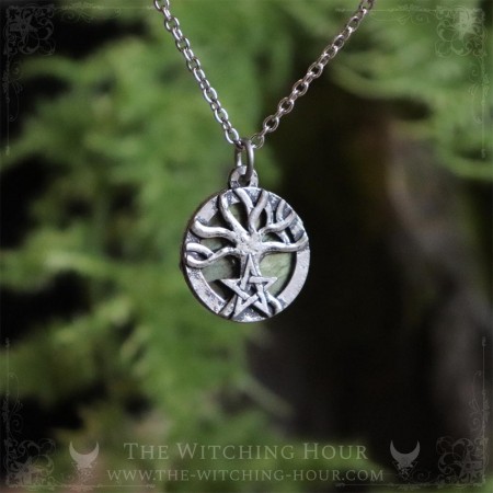 Tree of life necklace with labradorite adorned with a pentagram, handmade pagan jewelry nature inspired