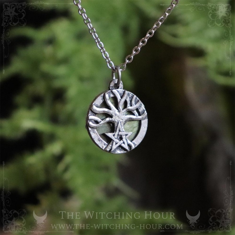 Tree of life necklace with labradorite adorned with a pentagram, handmade pagan jewelry nature inspired