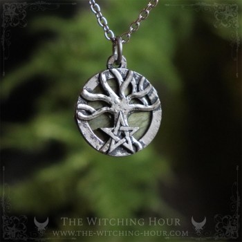 Tree of life necklace with labradorite adorned with a pentagram, handmade pagan jewelry nature inspired