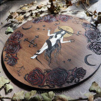 Lilith altar ornament handmade in wood. Lilith is surrounded bys roses, moon and her sigils.