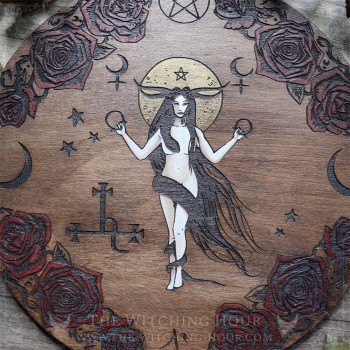 Lilith altar ornament handmade in wood. Lilith is surrounded bys roses, moon and her sigils.