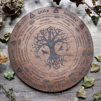 Yggdrasil tree of life wheel of the year with sabbath names, oak-colored wood