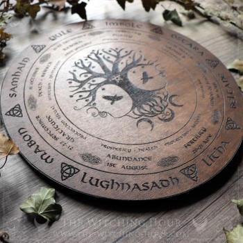 Yggdrasil tree of life wheel of the year with sabbath names, oak-colored wood