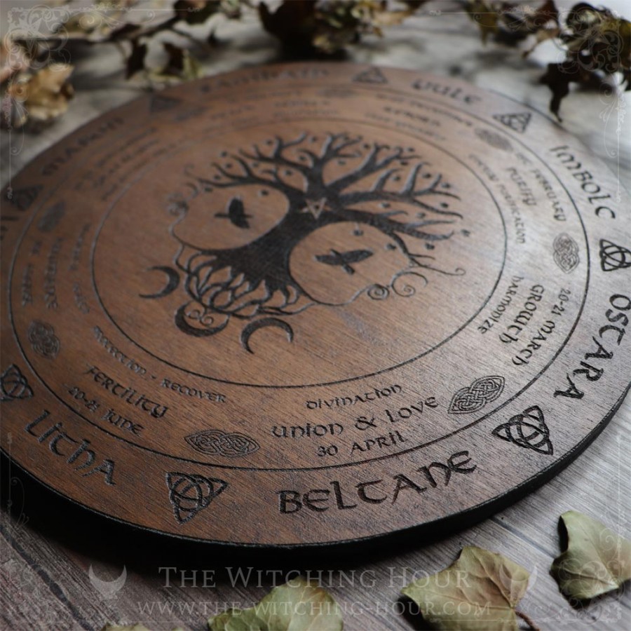 Yggdrasil tree of life wheel of the year with sabbath names, oak-colored wood