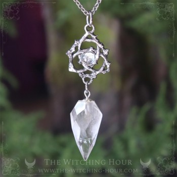 Celtic triquetra rock crystal and aquamarine pendulum necklace