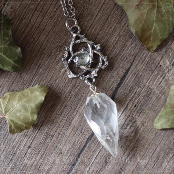 Celtic triquetra rock crystal and aquamarine pendulum necklace