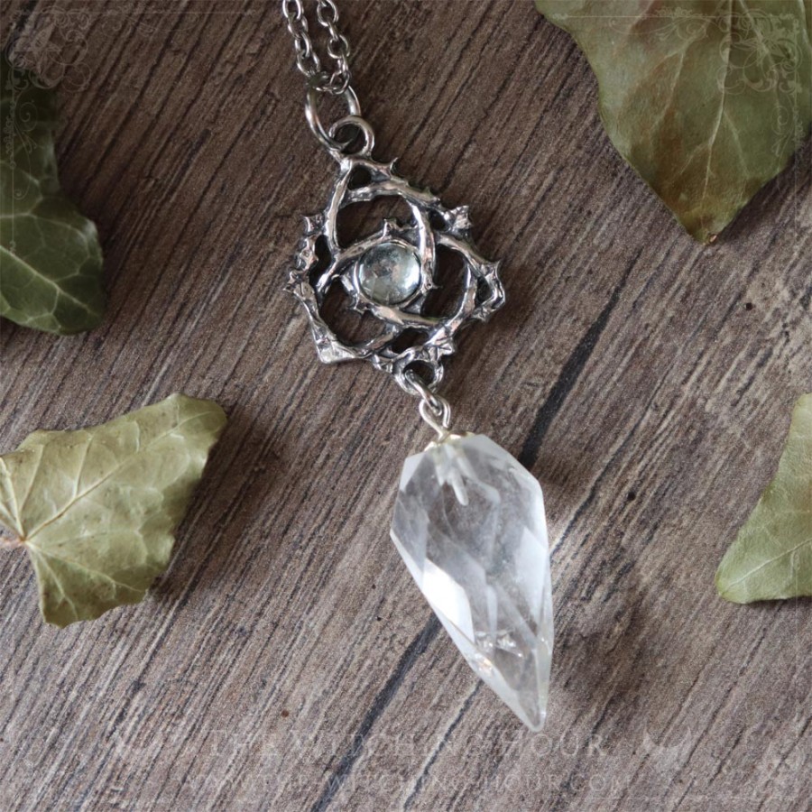 Collier pendule triquetra en cristal de roche et aquamarine