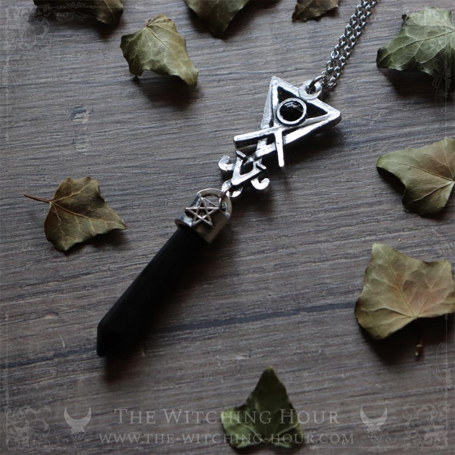 Sigil of Lucifer pendulum necklace with black onyx, luciferian jewelry