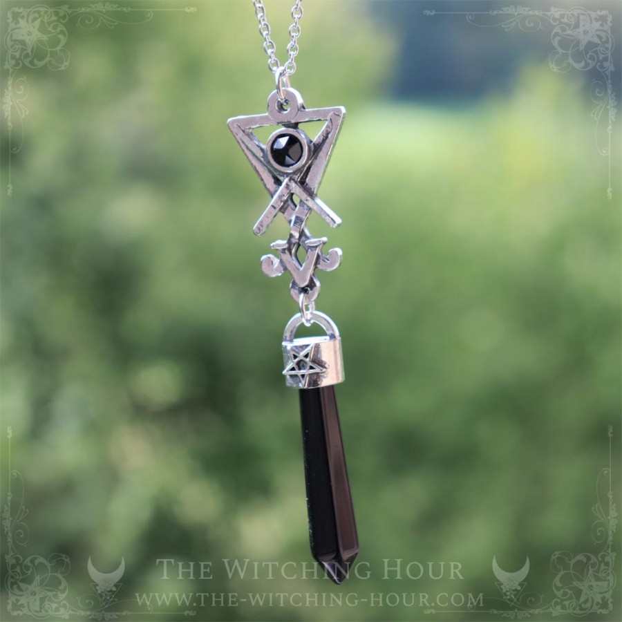 Sigil of Lucifer pendulum necklace with black onyx, luciferian jewelry