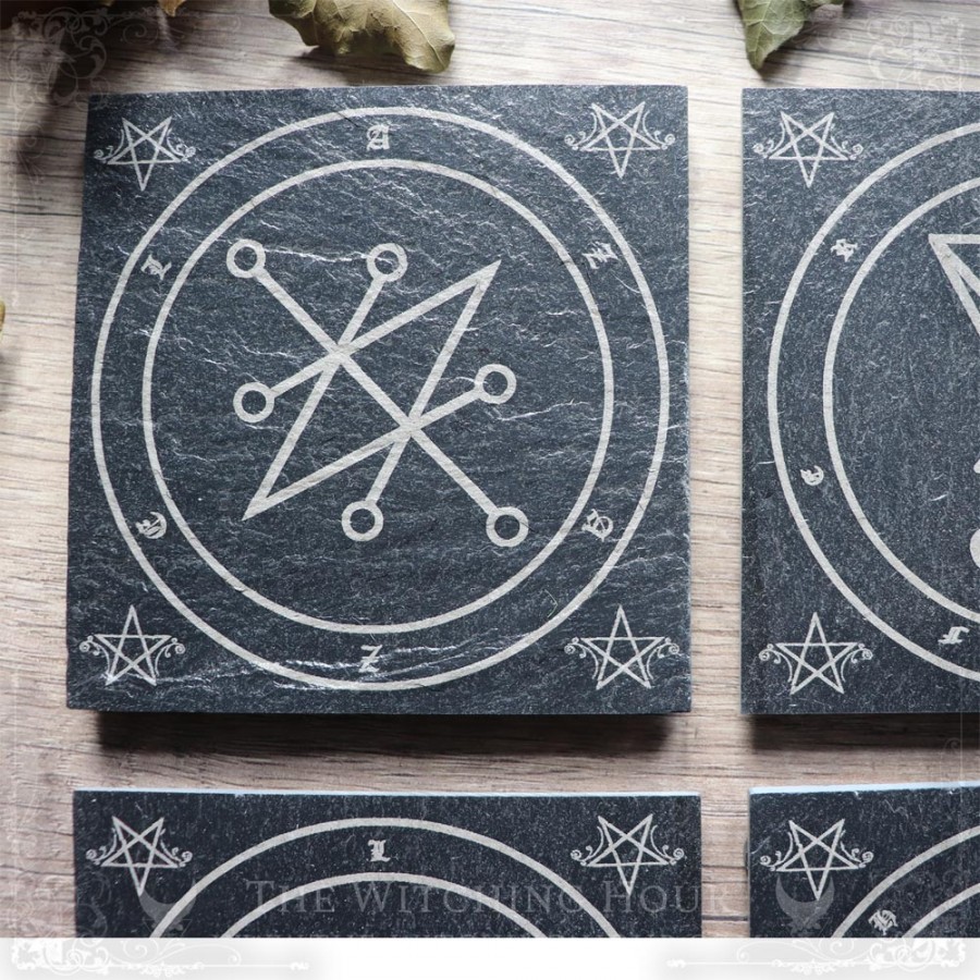 Slate coaster with sigils of Lilith, Lucifer, Astaroth and Azazel